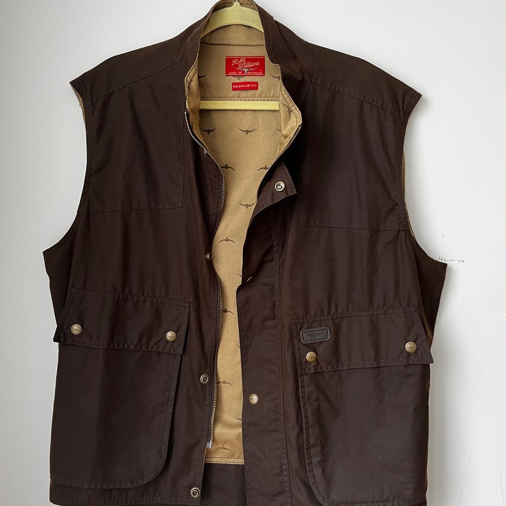R.M. Williams Ringer Oilskin Dark Brown Utility Vest with Tan Lining
